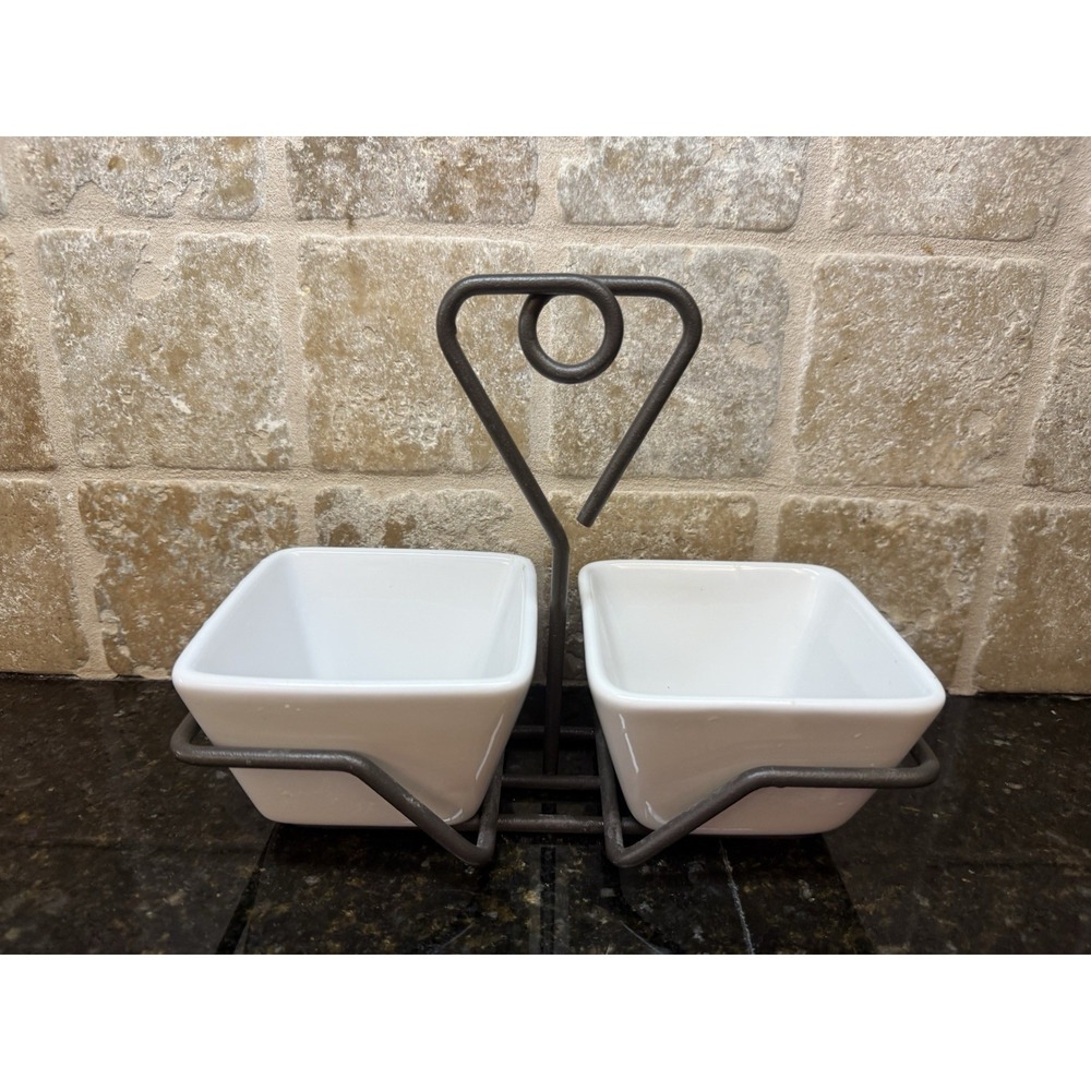Pampered Chef Simple Additions Set of 2 White Dipping Bowls with Caddy